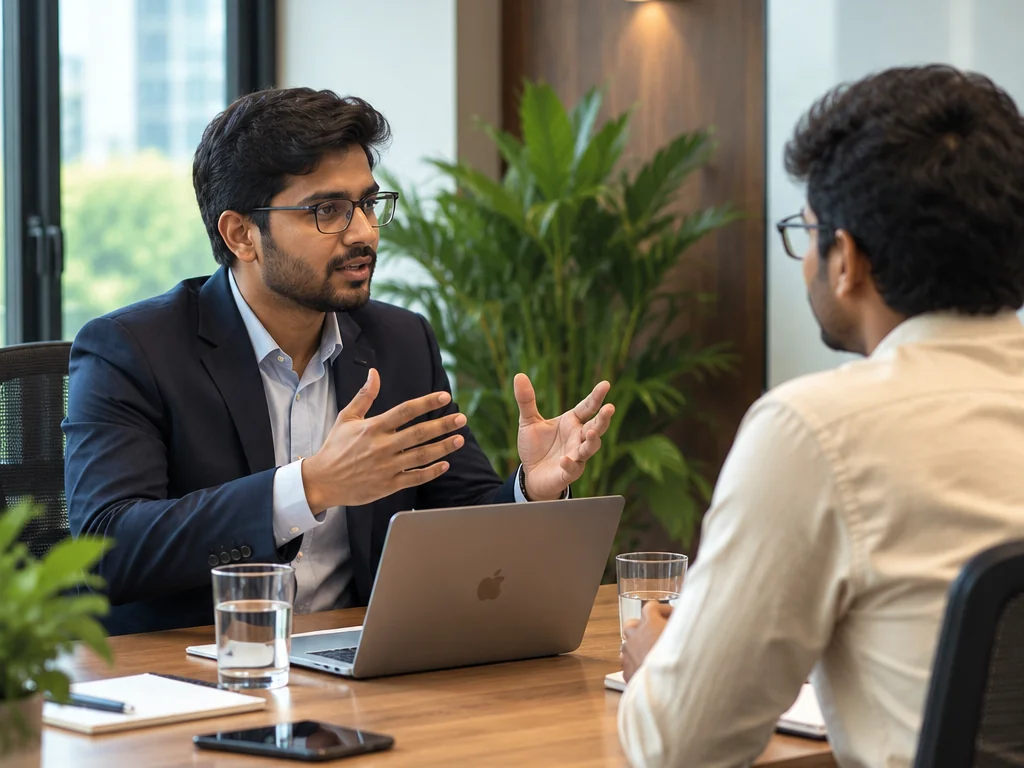 Business advisor explaining an investment proposal to a prospective investor across a meeting table