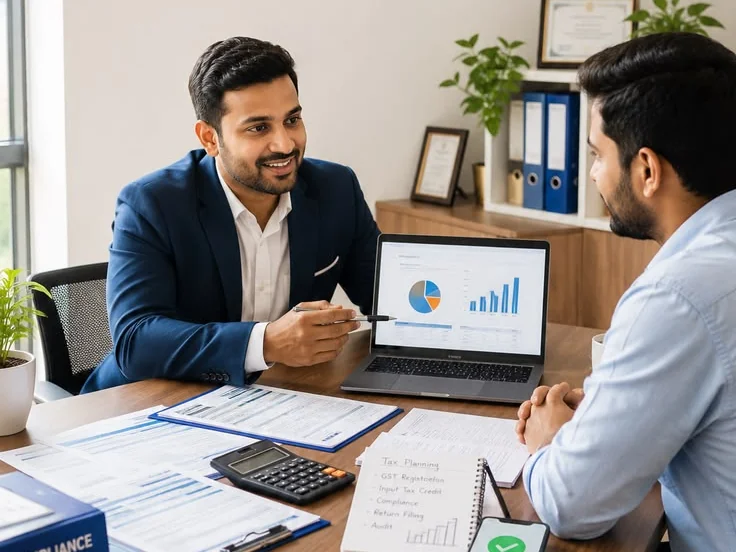 Indian business advisor explaining financial reports on a laptop to a prospective investor across an office desk