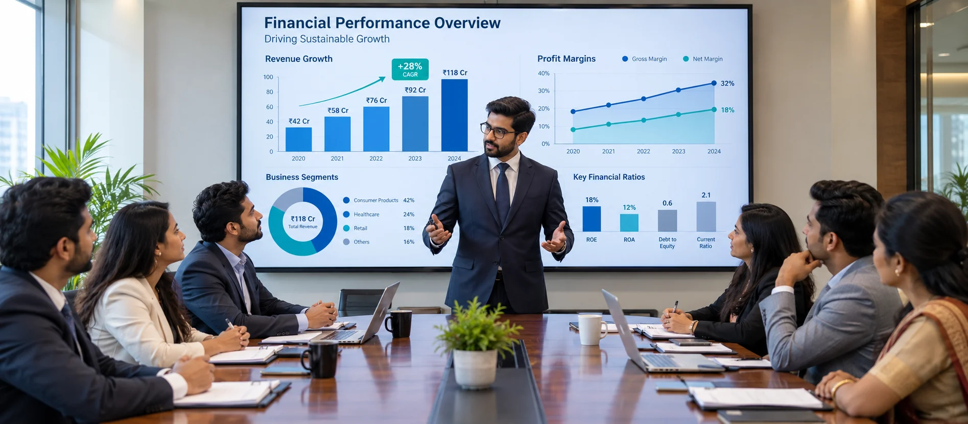 Business team in a meeting room reviewing performance charts presented on a screen