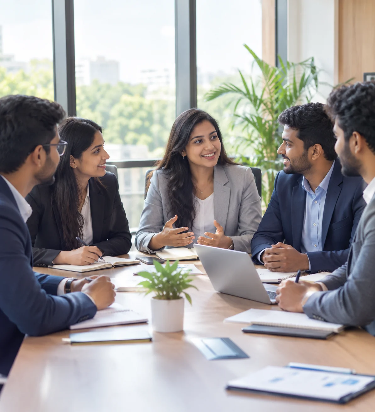 Team of Indian business professionals discussing plans around a conference table
