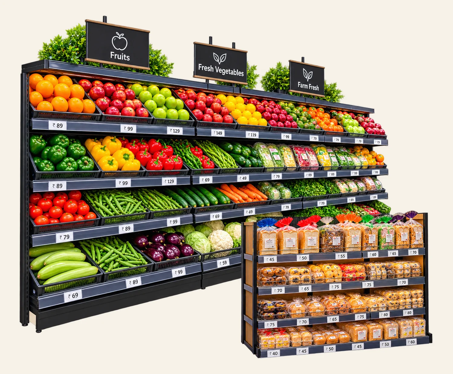 Supermarket display of fresh fruits, vegetables and packaged bread with clear price labels