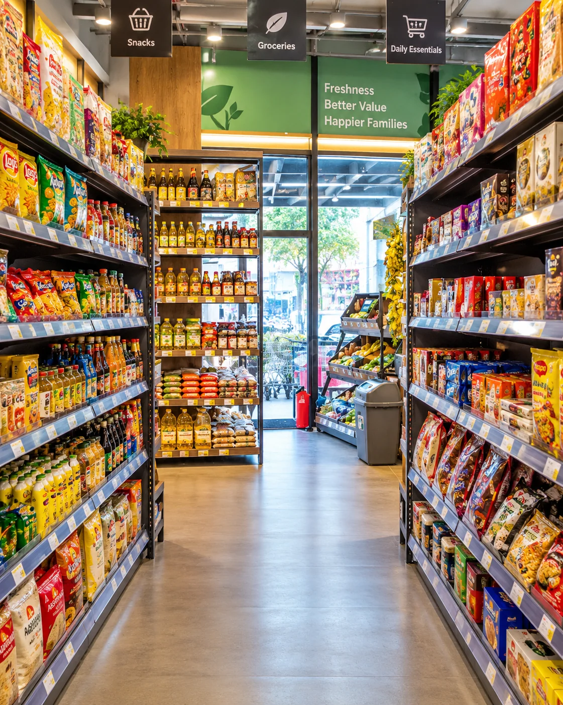 Bright supermarket aisle with neatly stocked shelves of snacks, cooking oils and daily essentials