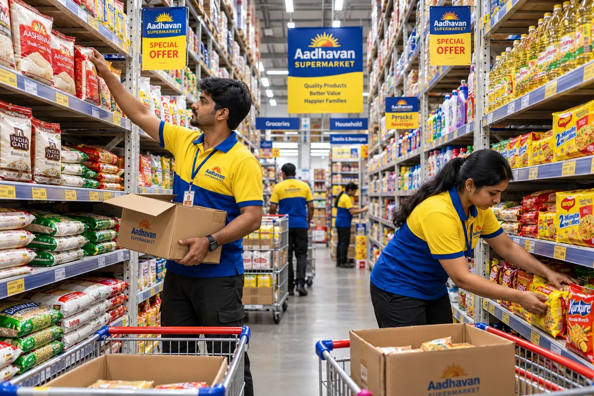 Store staff unpacking supplier deliveries and restocking supermarket shelves